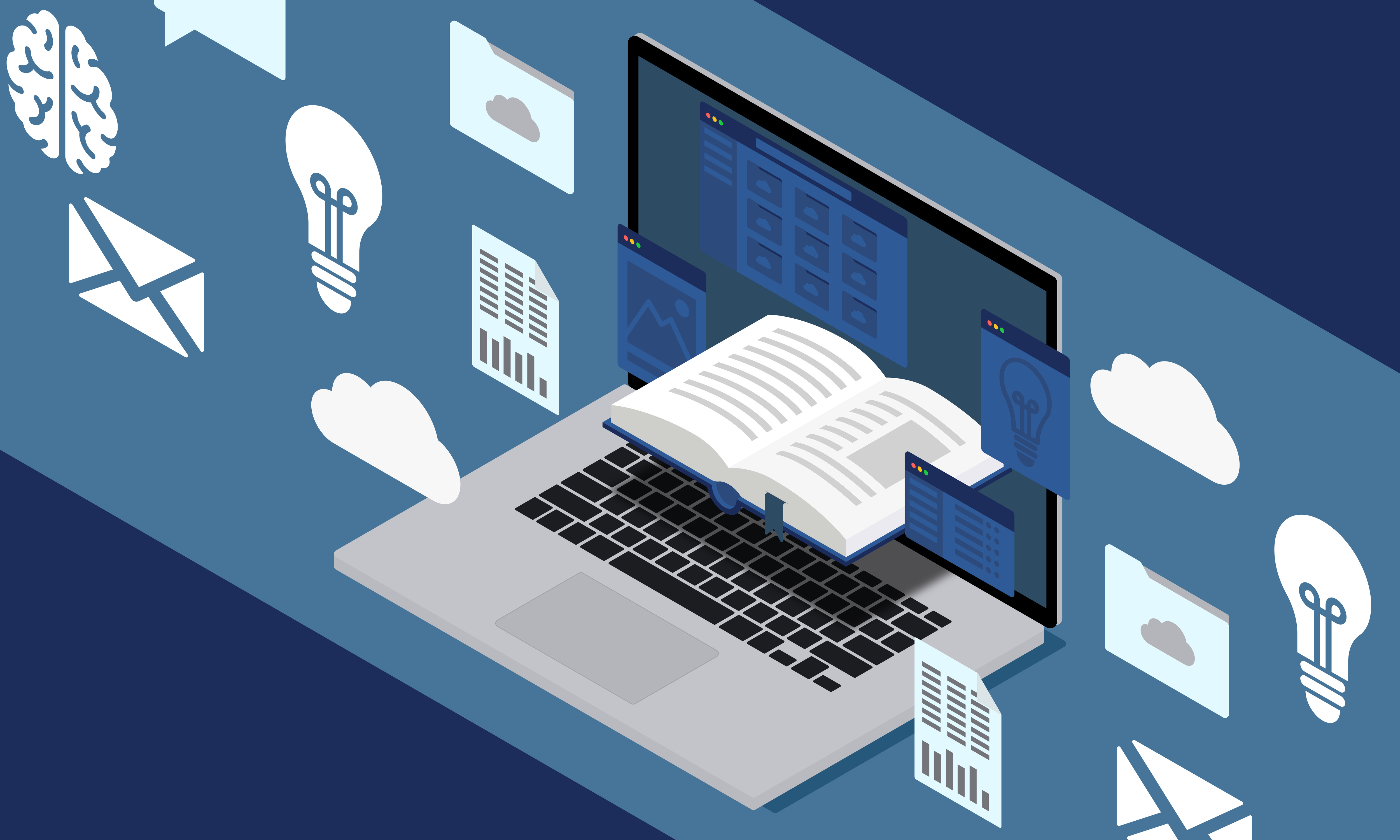 Laptop-Icon und ein aufgeschlagenes Buch, um sie herum befinden sich Icons von Ordner, Glühbirnen, Akten und Dokumenten
